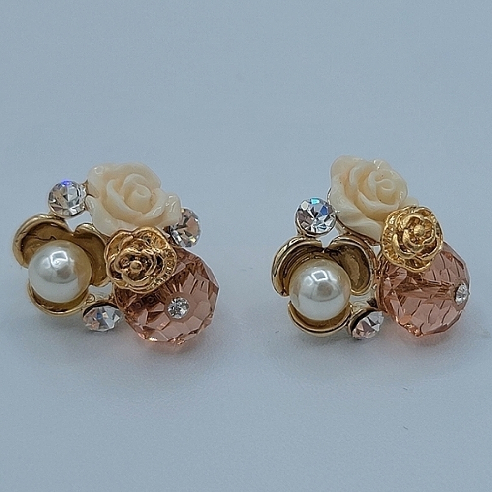 Earrings Peach Cream Floral Cluster Crystal Faux Pearl Earrings #1176